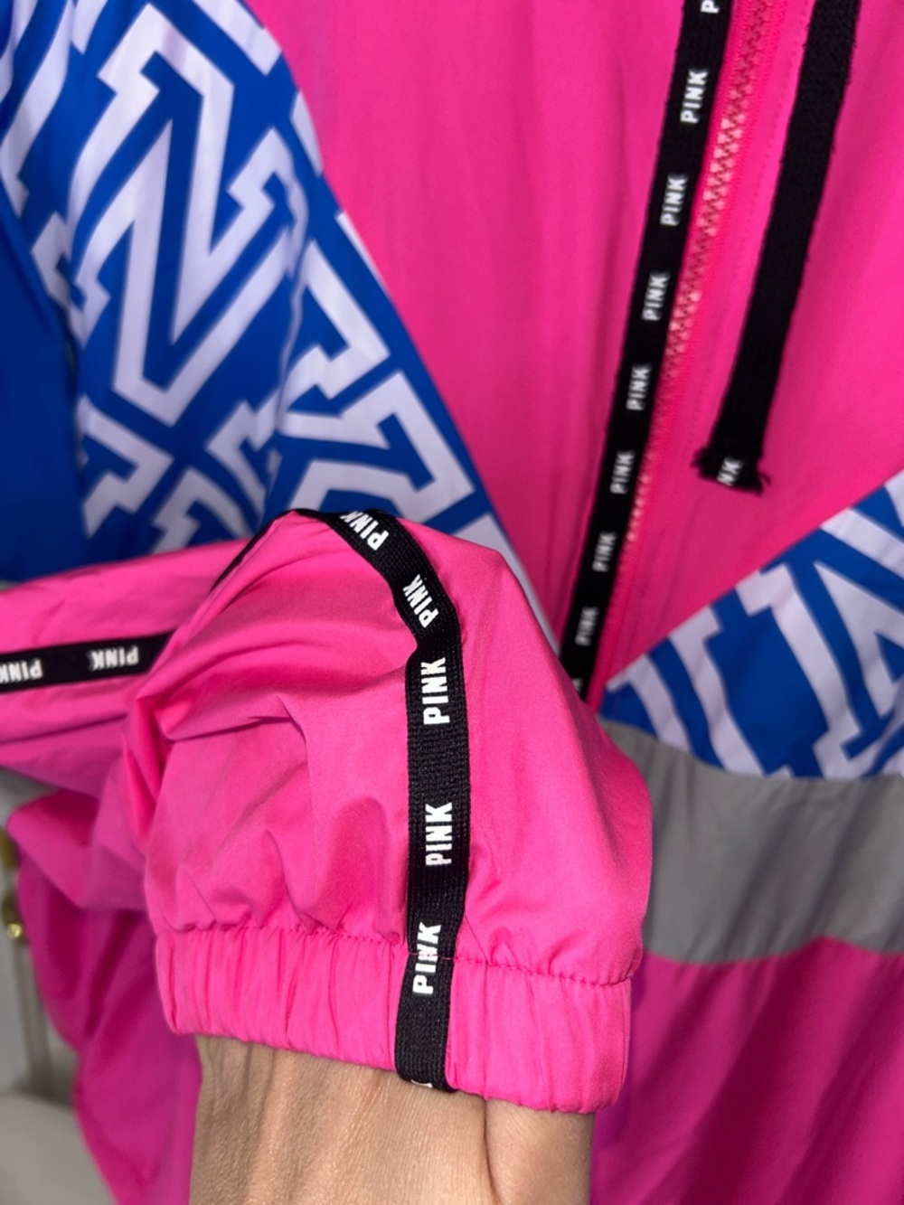 PINK Victoria's Secret Pink, Blue & Gray Hooded Sherpa Lined Windbreaker Jacket - Picture 9 of 10
